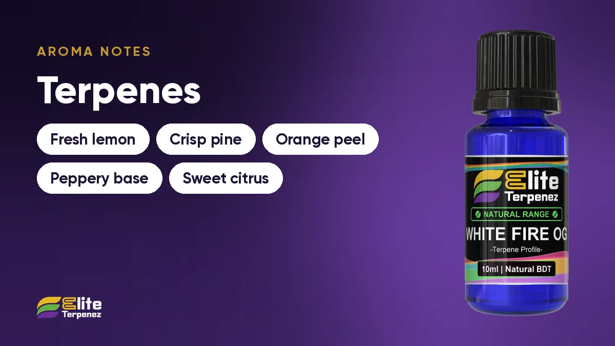 Aroma notes card: fresh lemon, crisp pine, orange peel, peppery base and sweet citrus | Elite Terpenez