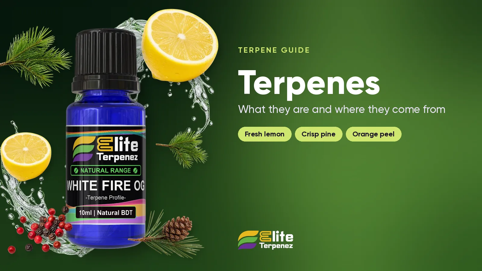 Elite Terpenez citrus and pine terpene profile bottles with lemon peel and pine needles | Elite Terpenez