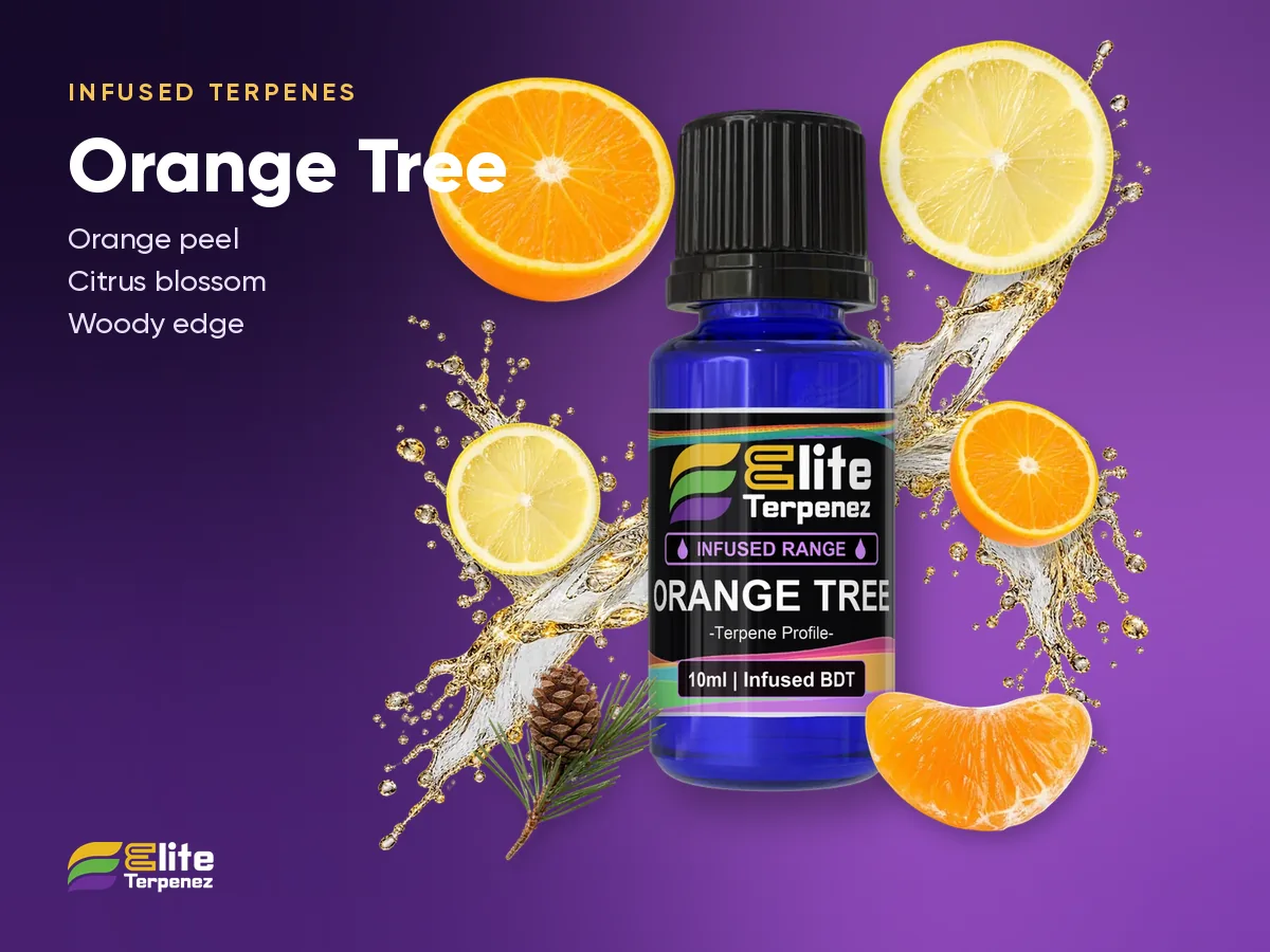 Elite Terpenez Orange Tree Infused Terpenes 10 ml bottle with orange blossom splash | Elite Terpenez