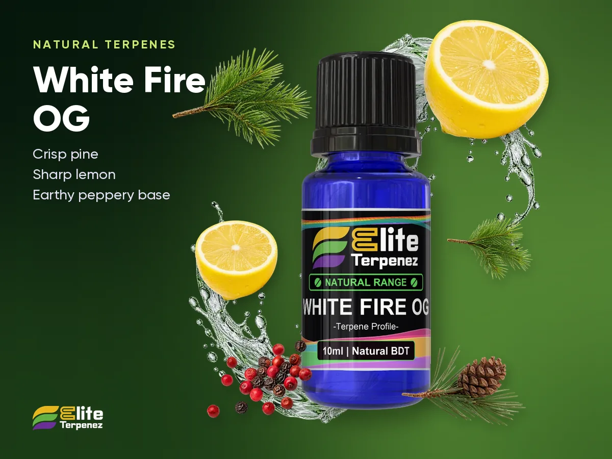 Elite Terpenez White Fire OG Natural Terpenes bottle with pine needles and lemon peel | Elite Terpenez