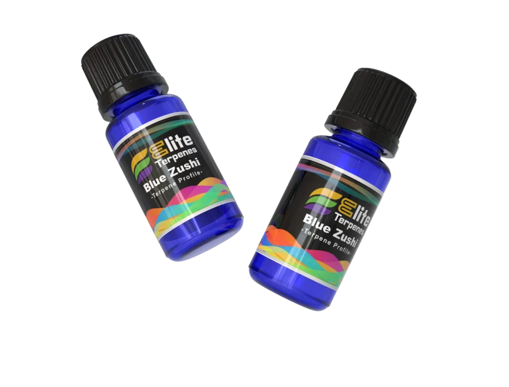 Elite Terpenes labelled cobalt blue bottles