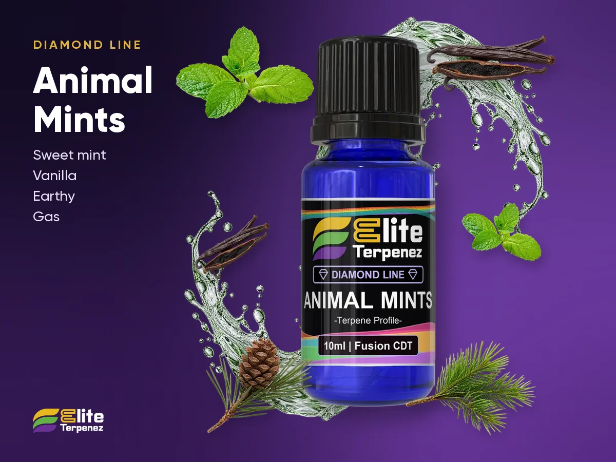 Elite Terpenez Animal Mints Diamond Line bottle showing the new label with diamond mark and QR code | Elite Terpenez