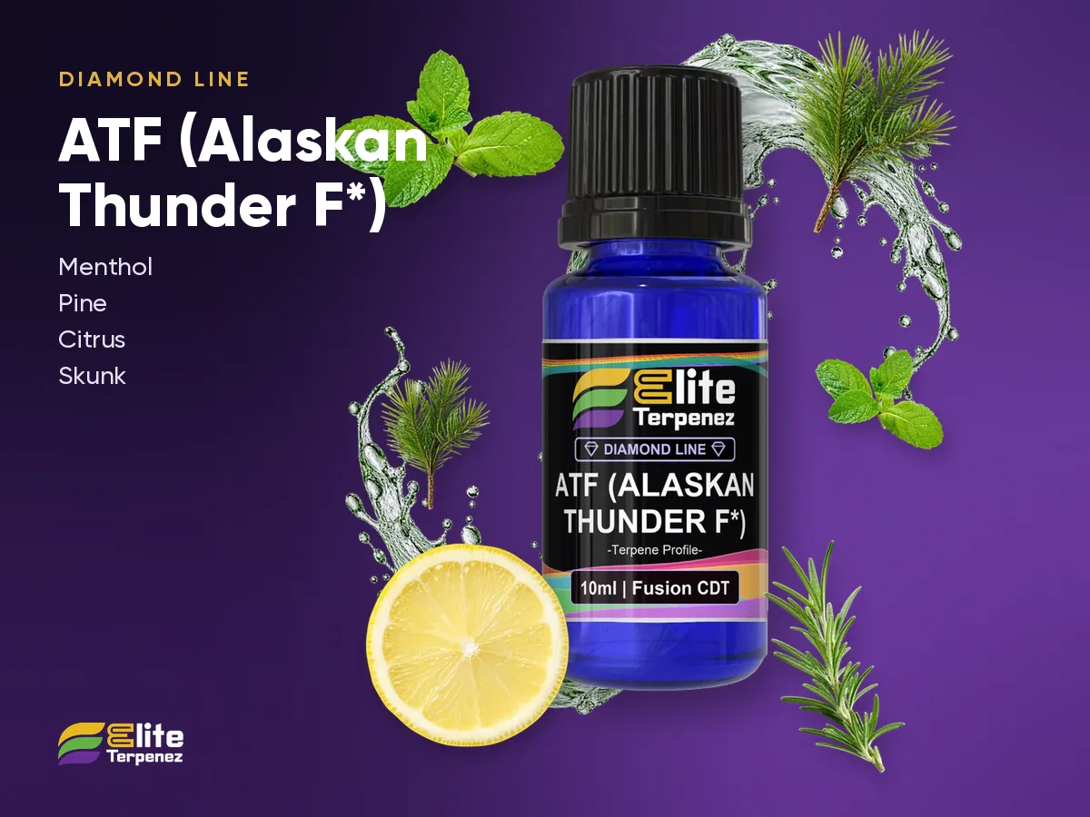 Elite Terpenez ATF Diamond Line bottle with pine sprigs and fresh mint leaves | Elite Terpenez