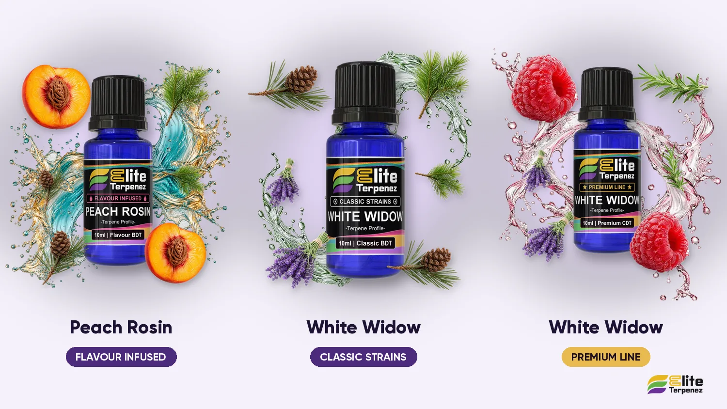 Three Elite Terpenez soft floral profiles side by side: Peach Rosin, White Widow Classic and White Widow Premium | Elite Terpenez