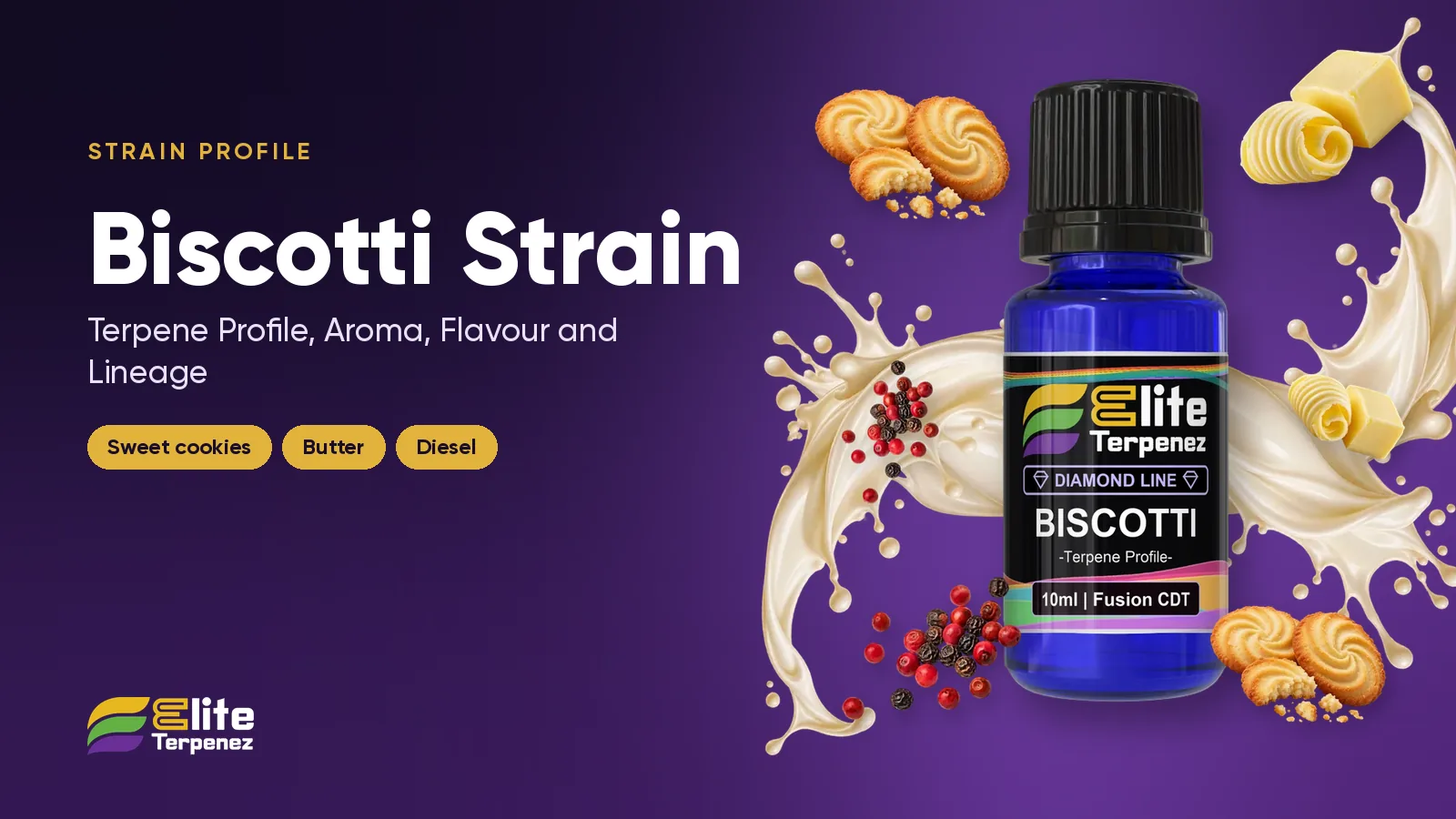 Elite Terpenez Biscotti terpene profile bottles with cookie and cream styling | Elite Terpenez