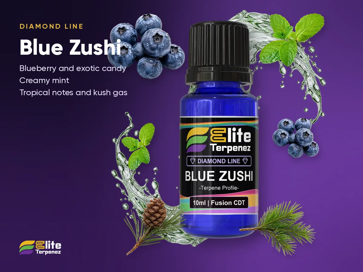 Elite Terpenez Blue Zushi Diamond Line 10 ml bottle with blueberry and mint splash | Elite Terpenez