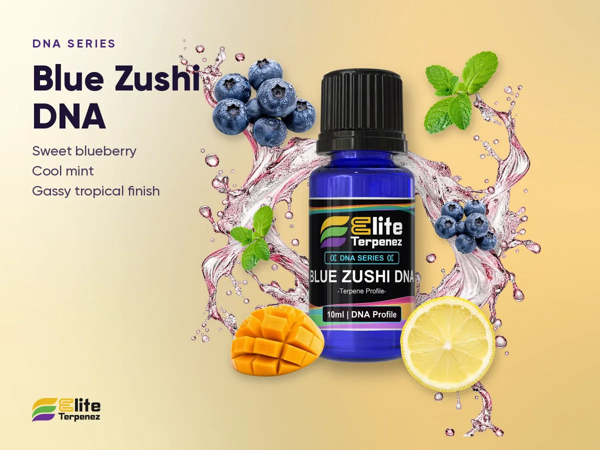 Elite Terpenez Blue Zushi DNA bottle with blueberries and fresh mint | Elite Terpenez