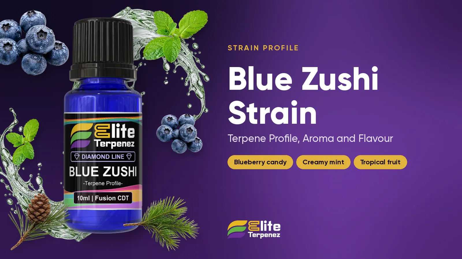 Elite Terpenez Blue Zushi terpene profile bottles with blueberry and mint styling | Elite Terpenez