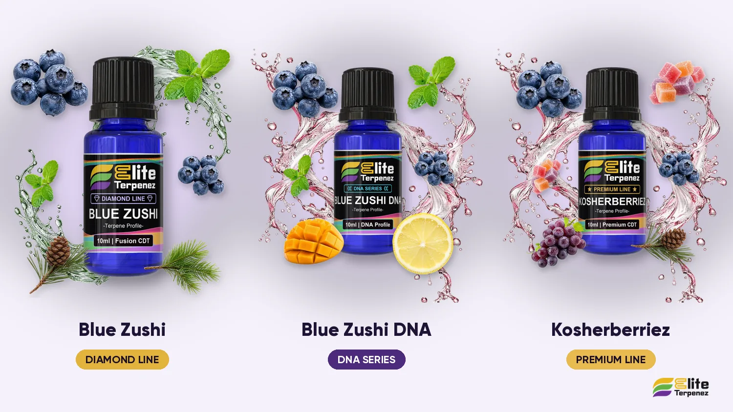 Three Elite Terpenez profiles side by side: Blue Zushi Diamond, Blue Zushi DNA and Kosherberriez | Elite Terpenez