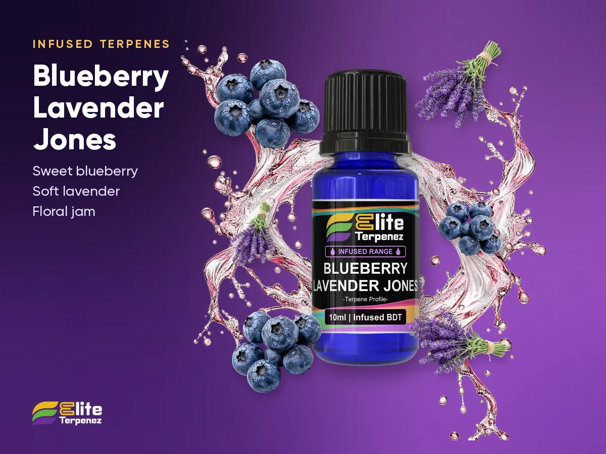 Elite Terpenez Blueberry Lavender Jones bottle with fresh lavender sprigs | Elite Terpenez