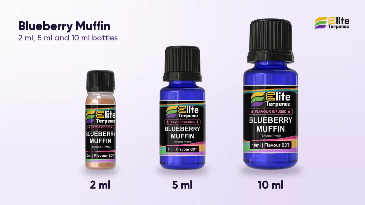 Elite Terpenez Blueberry Muffin terpene bottles in 2 ml, 5 ml and 10 ml sizes | Elite Terpenez