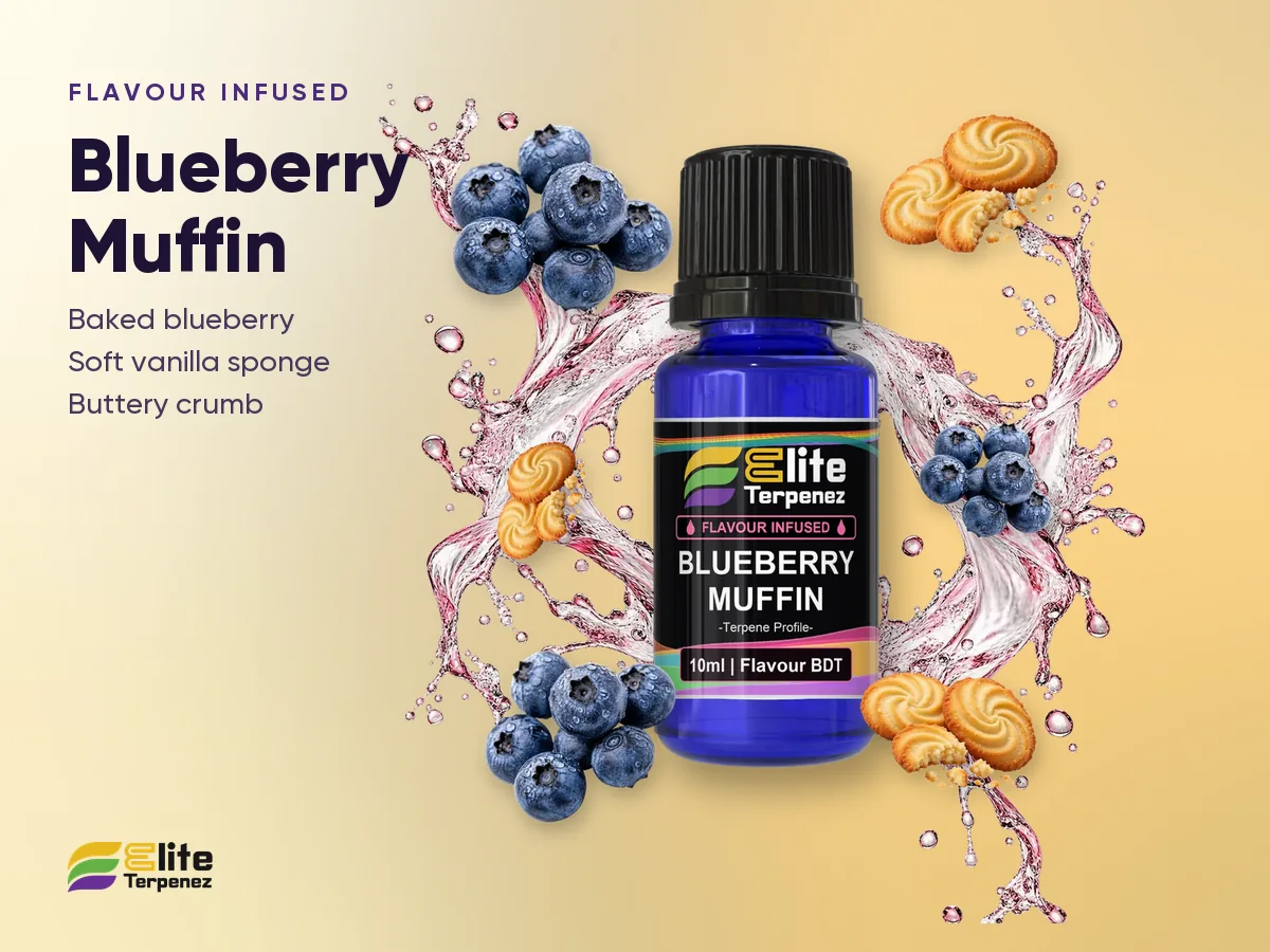 Elite Terpenez Blueberry Muffin Flavour Infused bottle with blueberry and vanilla splash | Elite Terpenez
