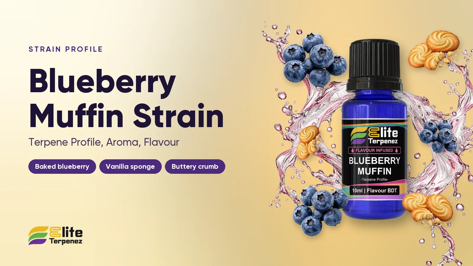 Elite Terpenez Blueberry Muffin Flavour Infused terpene bottle with baked blueberry styling | Elite Terpenez