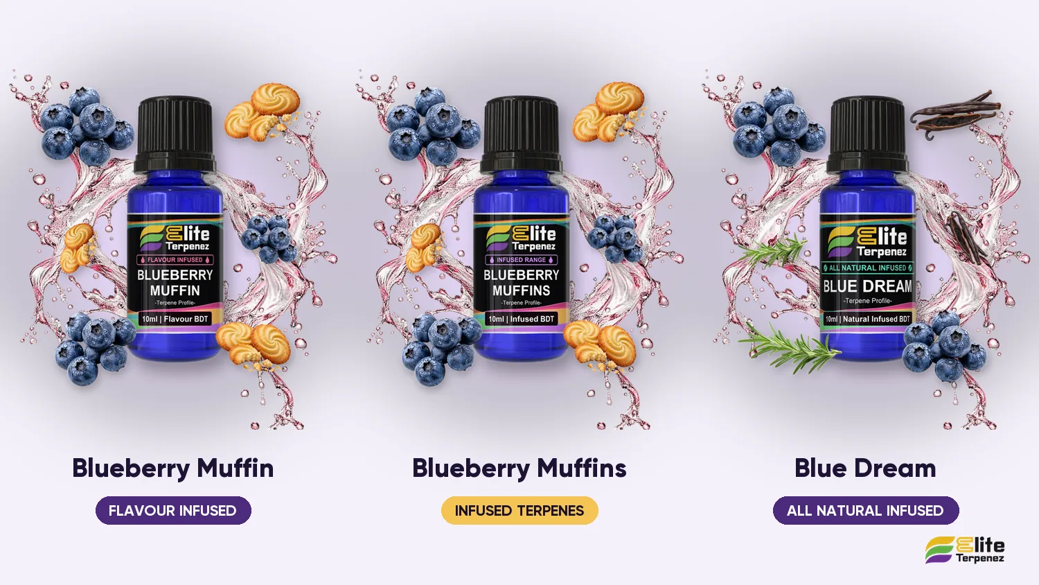 Elite Terpenez Blueberry Muffin and Blueberry Muffins beside Blue Dream from another line | Elite Terpenez