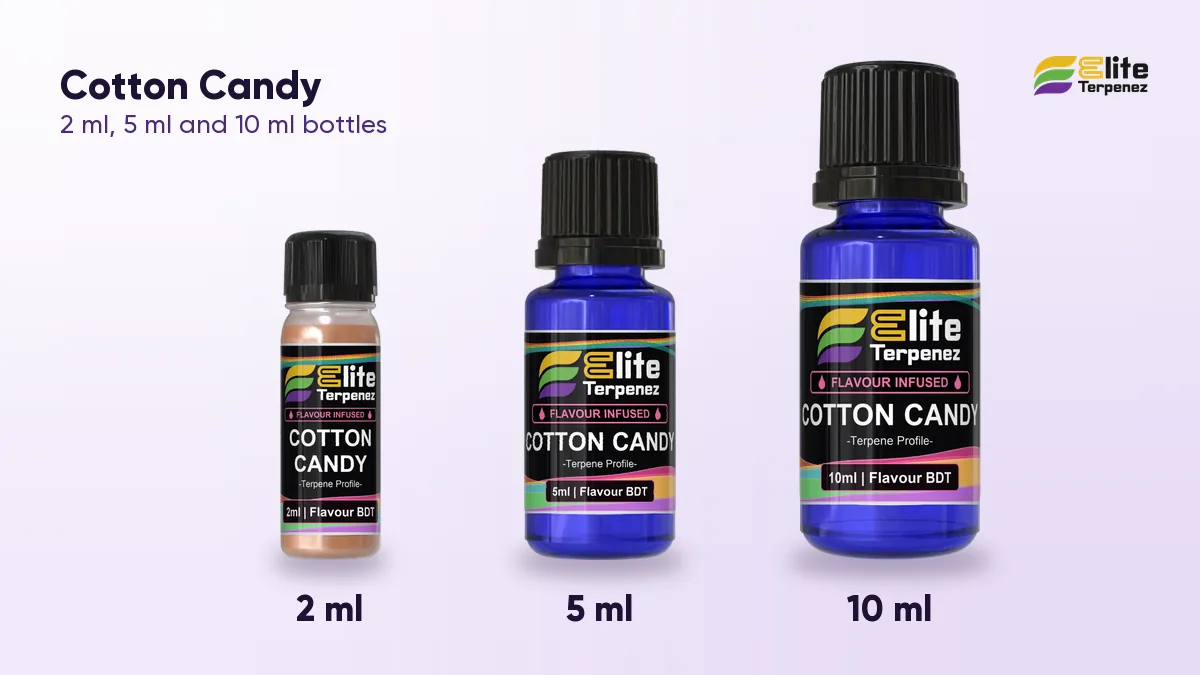 Elite Terpenez Cotton Candy terpene bottles in 2 ml, 5 ml and 10 ml sizes | Elite Terpenez