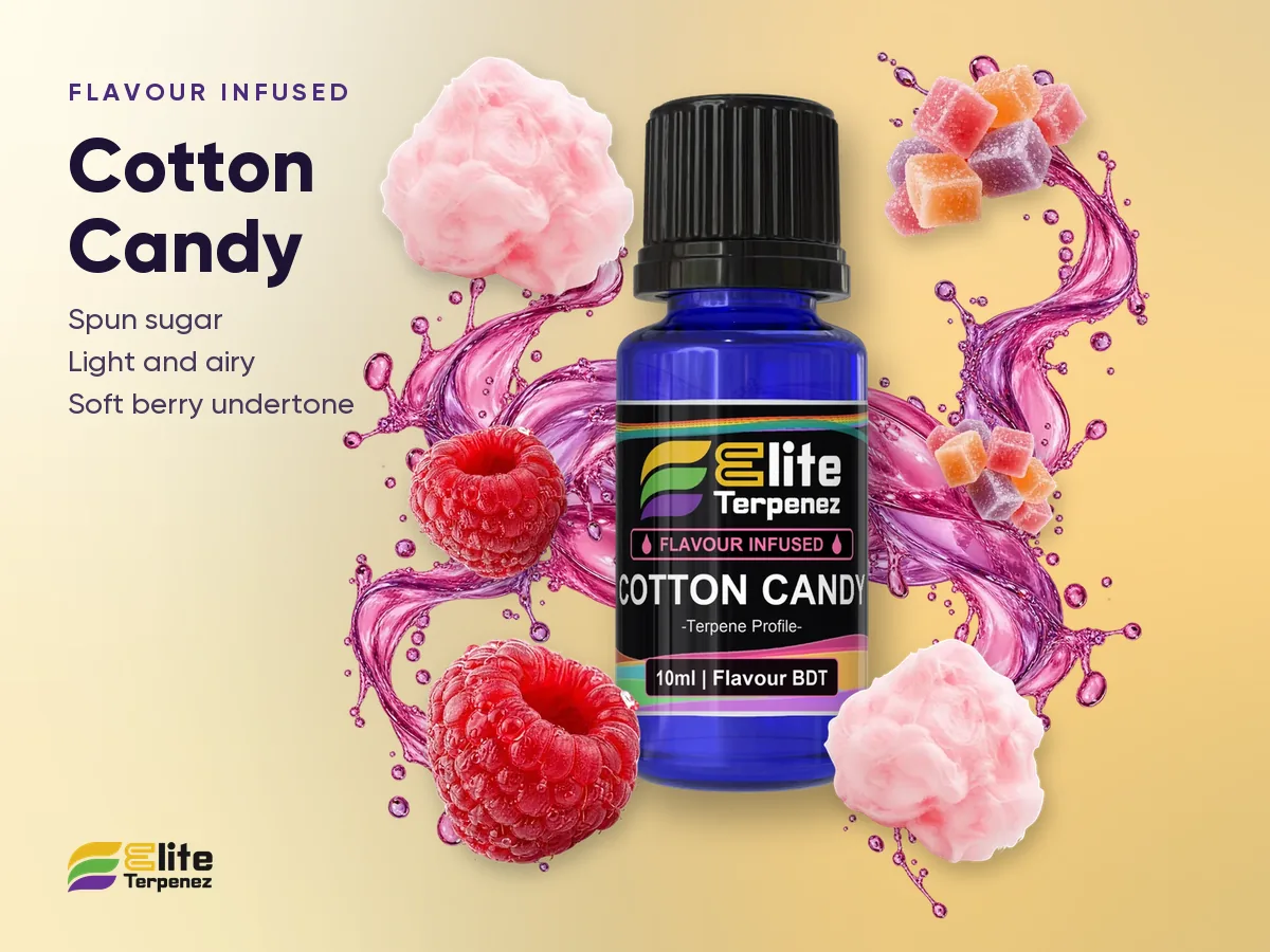 Elite Terpenez Cotton Candy Flavour Infused bottle with spun sugar and berry splash | Elite Terpenez