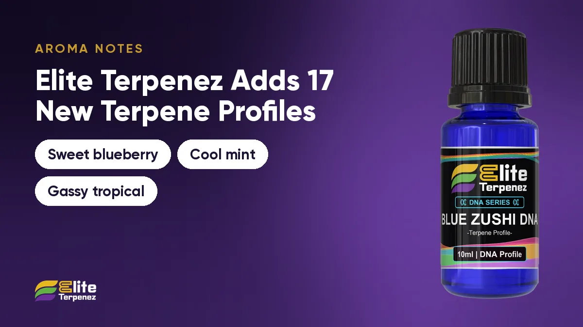 Blue Zushi DNA aroma notes card: sweet blueberry, cool mint and gassy tropical | Elite Terpenez
