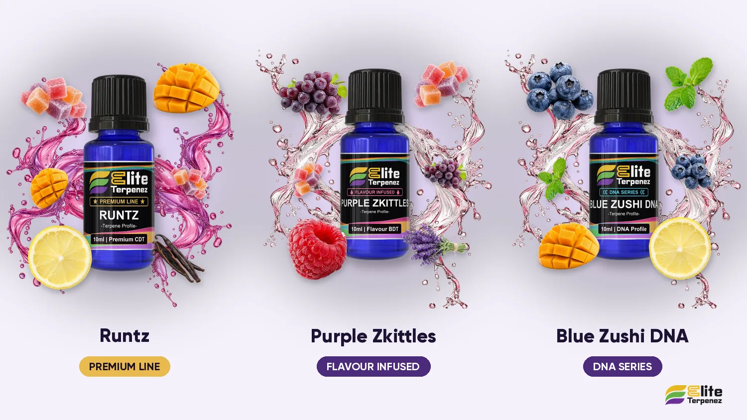 Three new Elite Terpenez profiles side by side: Runtz, Purple Zkittles and Blue Zushi DNA | Elite Terpenez