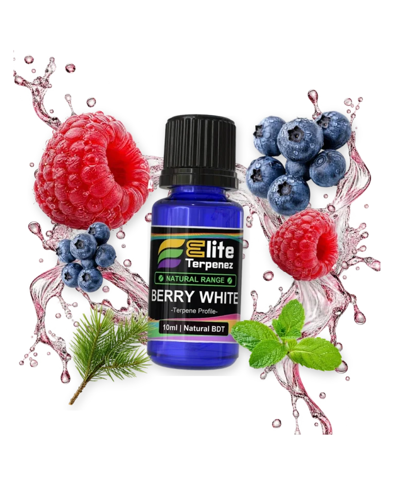 Berry White Natural Terpenes terpene bottle in a splash with raspberries, blueberries, pine and mint, Elite Terpenez