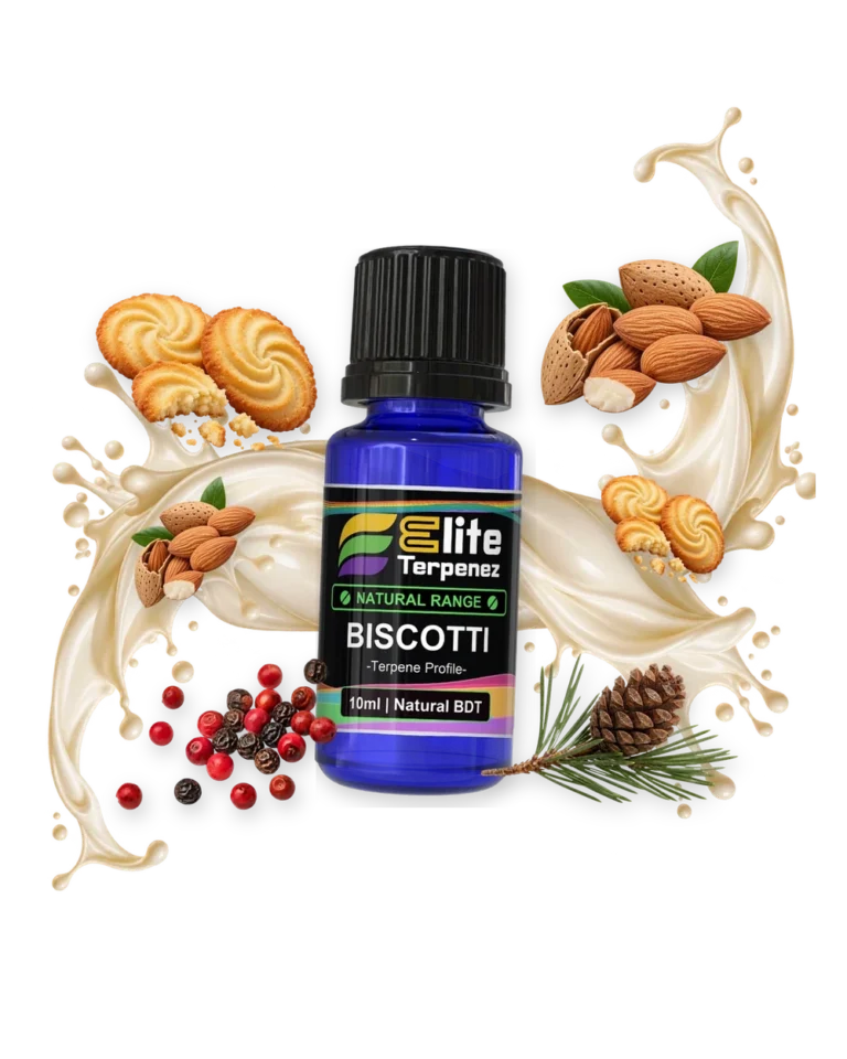 Biscotti Natural Terpenes terpene bottle in a splash with cookies, almonds, peppercorns and pinecone, Elite Terpenez