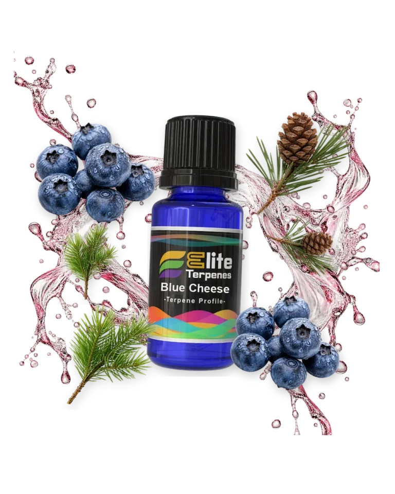 Blue Cheese Special Rosin and HTFSE terpene bottle in a splash with blueberries, pine cone and pine, Elite Terpenez