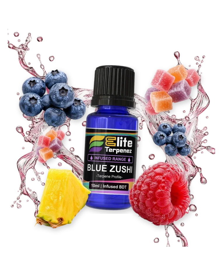 Blue Zushi Infused Terpenes terpene bottle in a splash with blueberry, candy, pineapple and raspberry, Elite Terpenez