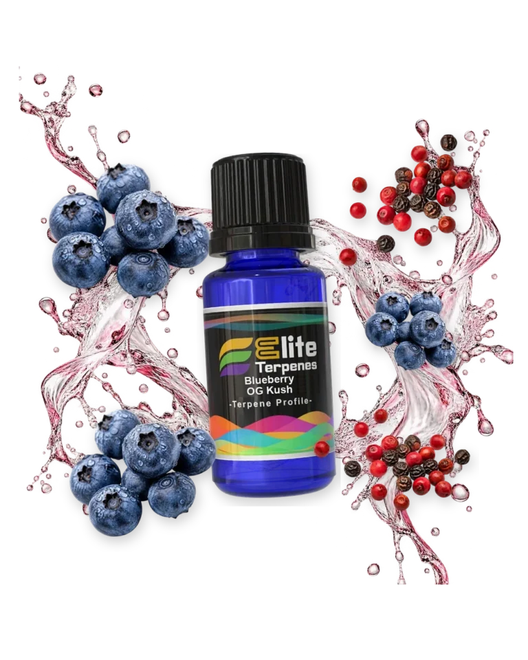 Blueberry OG Kush Premium Line (CDT) terpene bottle in a splash with blueberries and peppercorns, Elite Terpenez