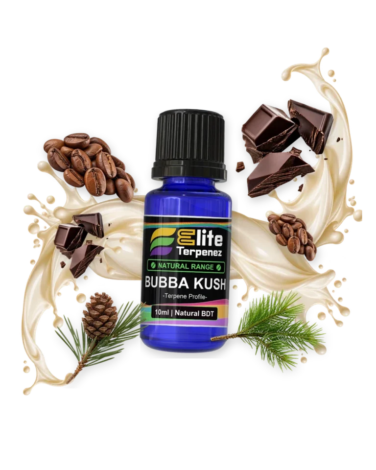 Bubba Kush Natural Terpenes terpene bottle in a splash with coffee beans, chocolate, pinecone and pine, Elite Terpenez