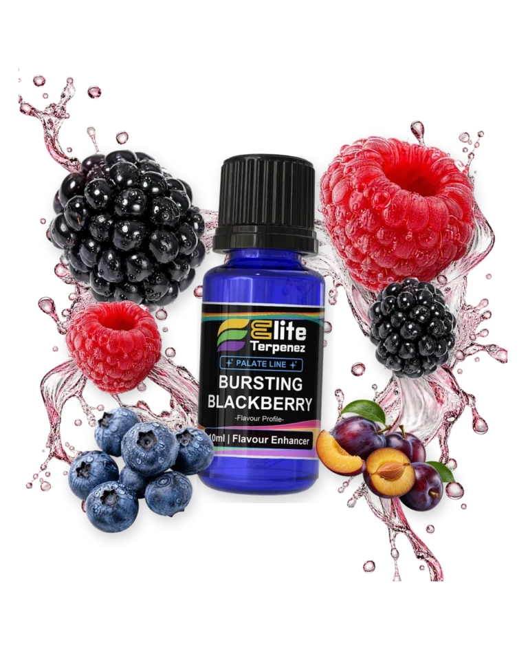 Bursting Blackberry Palate Line flavour enhancer bottle in a splash with blackberries, raspberries, blueberries and plum, Elite Terpenez
