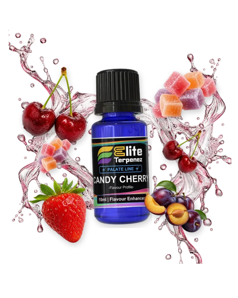 Candy Cherry Palate Line flavour enhancer bottle in a splash with cherries, candy, strawberries and plum, Elite Terpenez