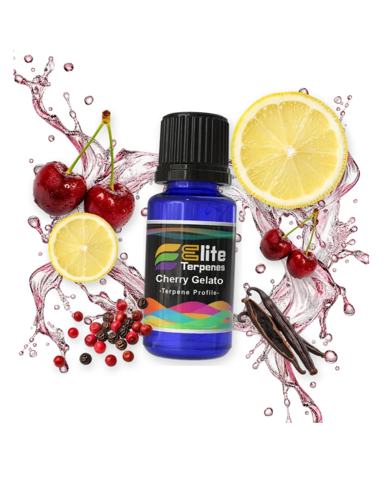 Cherry Gelato Premium Line (CDT) terpene bottle in a splash with cherries, lemon, peppercorns and vanilla, Elite Terpenez
