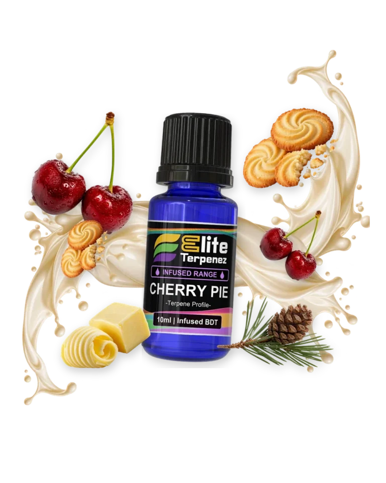 Cherry Pie Infused Terpenes terpene bottle in a splash with cherry, cookies, butter and pinecone, Elite Terpenez