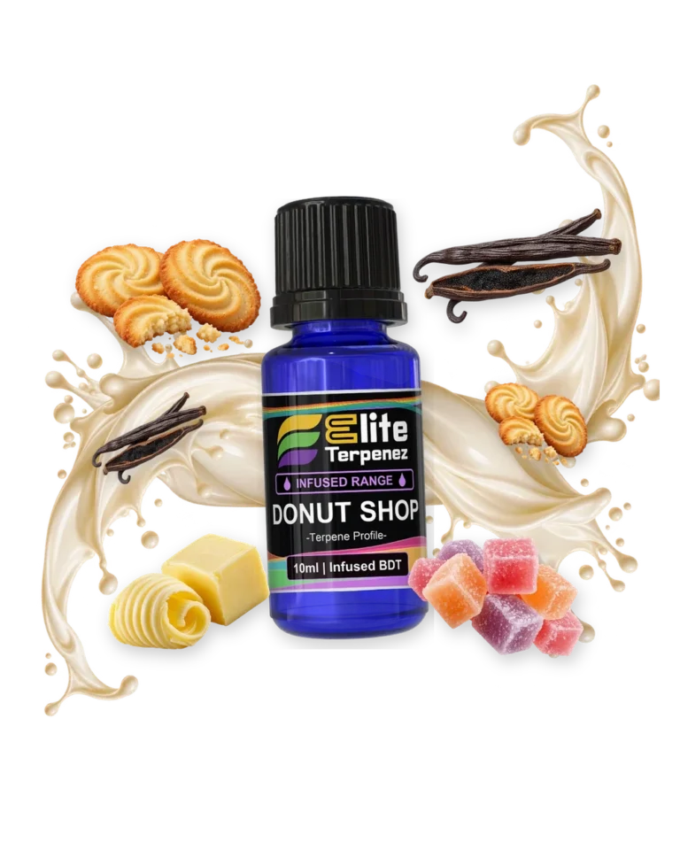 Donut Shop Infused Terpenes terpene bottle in a splash with cookies, vanilla, butter and candy, Elite Terpenez