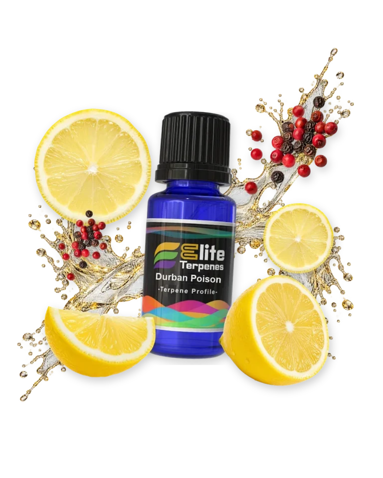 Durban Poison Premium Line (CDT) terpene bottle in a splash with lemon and peppercorns, Elite Terpenez