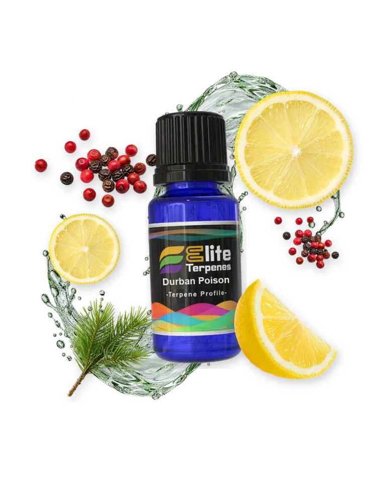 Durban Poison Special Rosin and HTFSE terpene bottle in a splash with peppercorns, lemon and pine, Elite Terpenez