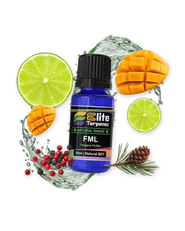 FML Natural Terpenes terpene bottle in a splash with lime, mango, peppercorns and pinecone, Elite Terpenez