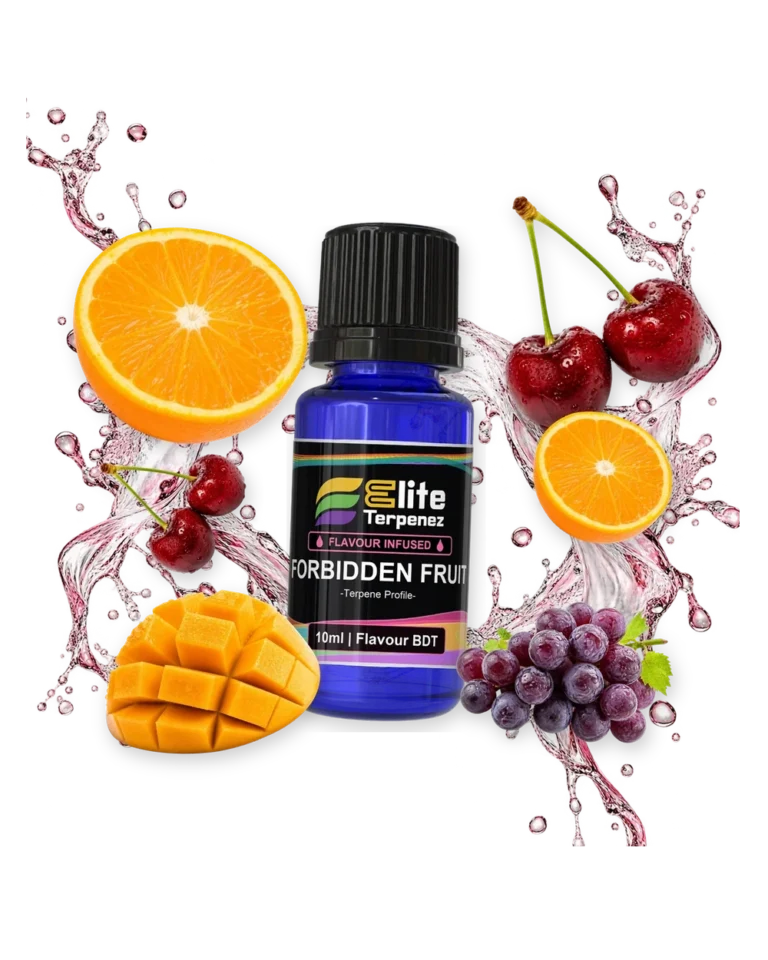 Forbidden Fruit Flavour Infused terpene bottle in a splash with orange, cherry, mango and grape, Elite Terpenez