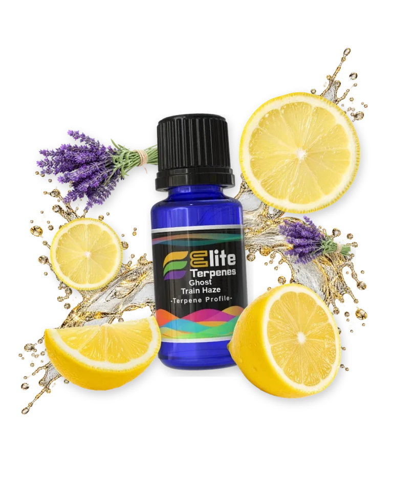 Ghost Train Haze Premium Line (CDT) terpene bottle in a splash with lavender and lemon, Elite Terpenez