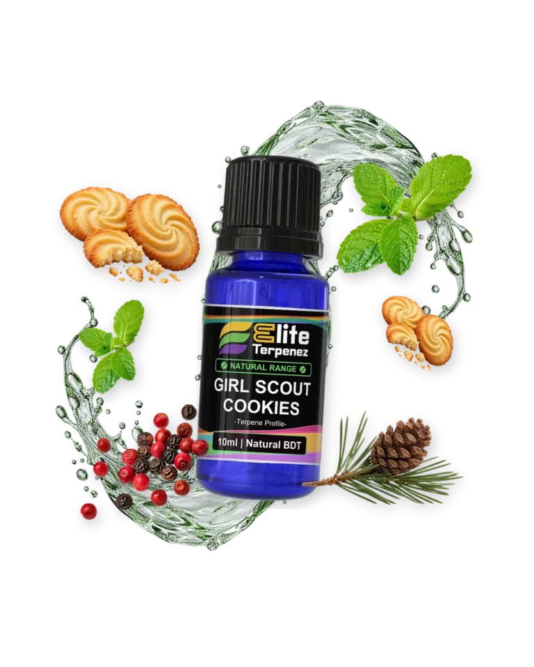 Girl Scout Cookies Natural Terpenes terpene bottle in a splash with cookies, mint, peppercorns and pinecone, Elite Terpenez