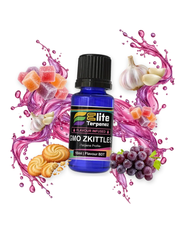 GMO Zkittles Flavour Infused terpene bottle in a splash with candy, garlic, cookies and grape, Elite Terpenez