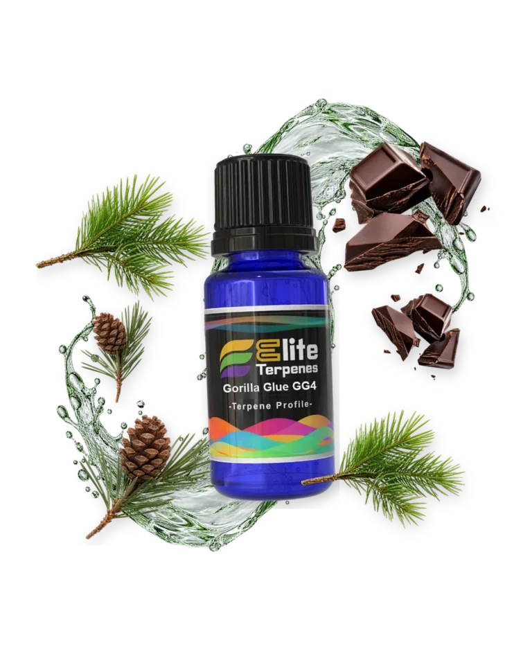 Gorilla Glue GG4 Special Rosin and HTFSE terpene bottle in a splash with pine, chocolate and pine cone, Elite Terpenez