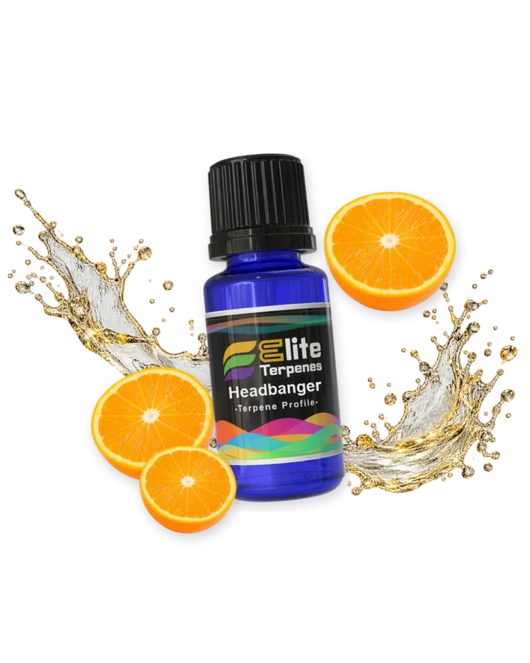 Headbanger Natural Terpenes blue bottle with flavour artwork