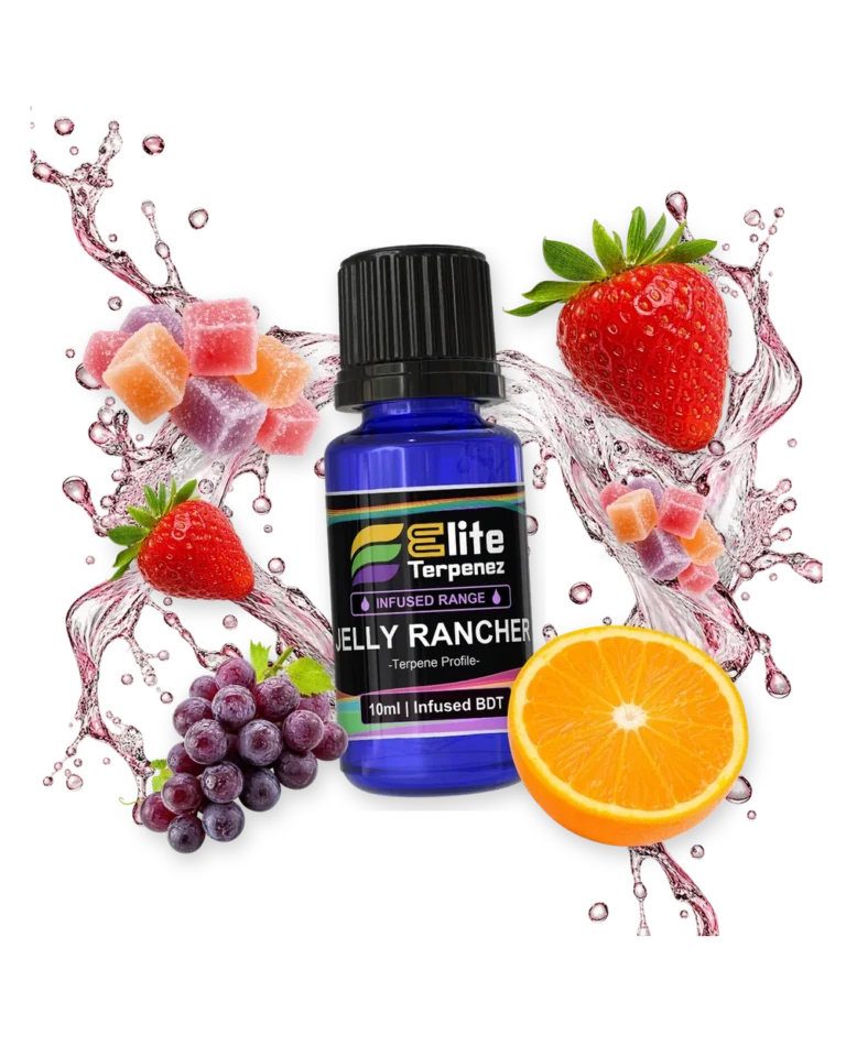 Jelly Rancher Infused Terpenes terpene bottle in a splash with candy, strawberry, grape and orange, Elite Terpenez