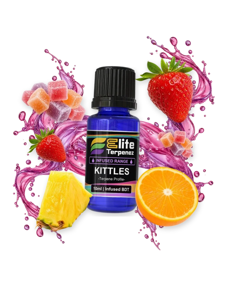 Kittles Infused Terpenes terpene bottle in a splash with candy, strawberry, pineapple and orange, Elite Terpenez