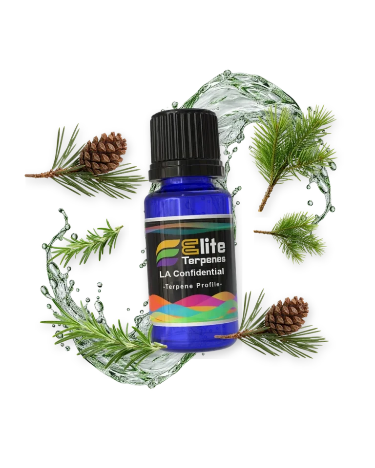 LA Confidential Premium Line (CDT) terpene bottle in a splash with pine cone, pine and rosemary, Elite Terpenez
