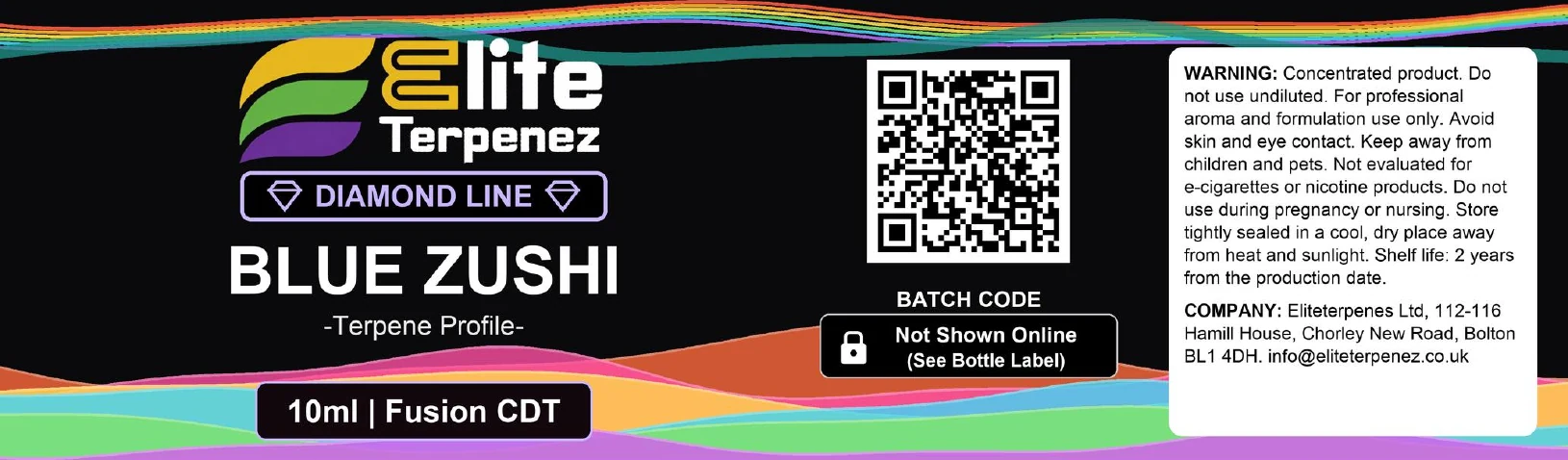 Elite Terpenez Blue Zushi Diamond Line 10ml label showing profile name, size, QR code, warnings and company details