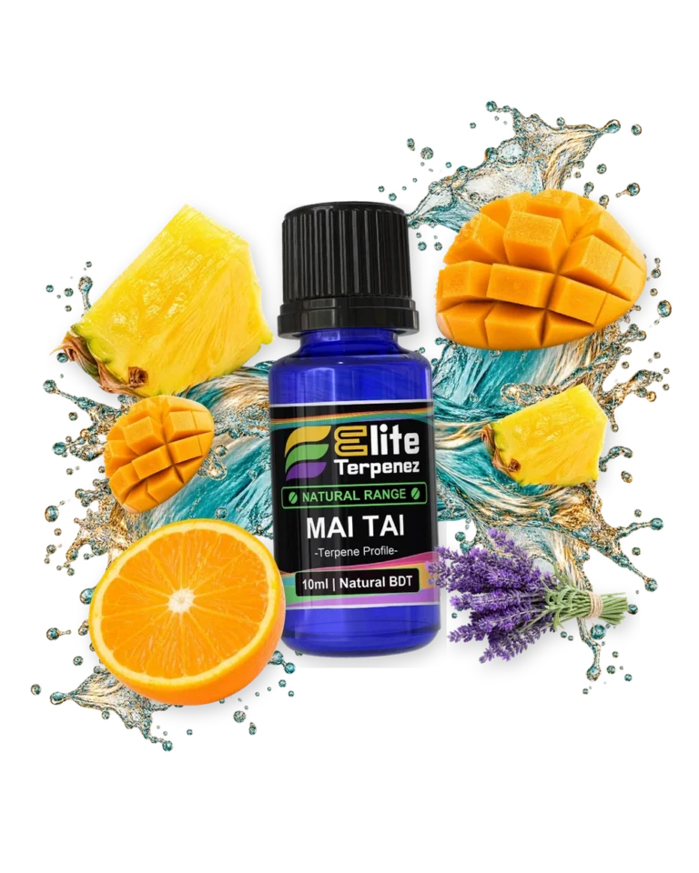 Mai Tai Natural Terpenes terpene bottle in a splash with pineapple, mango, orange and lavender, Elite Terpenez