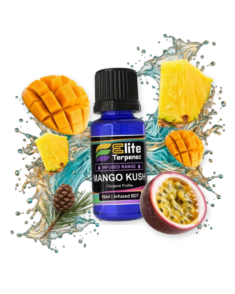Mango Kush Infused Terpenes terpene bottle in a splash with mango, pineapple, pinecone and passionfruit, Elite Terpenez