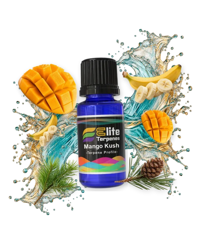 Mango Kush Special Rosin and HTFSE terpene bottle in a splash with mango, banana, pine and pine cone, Elite Terpenez