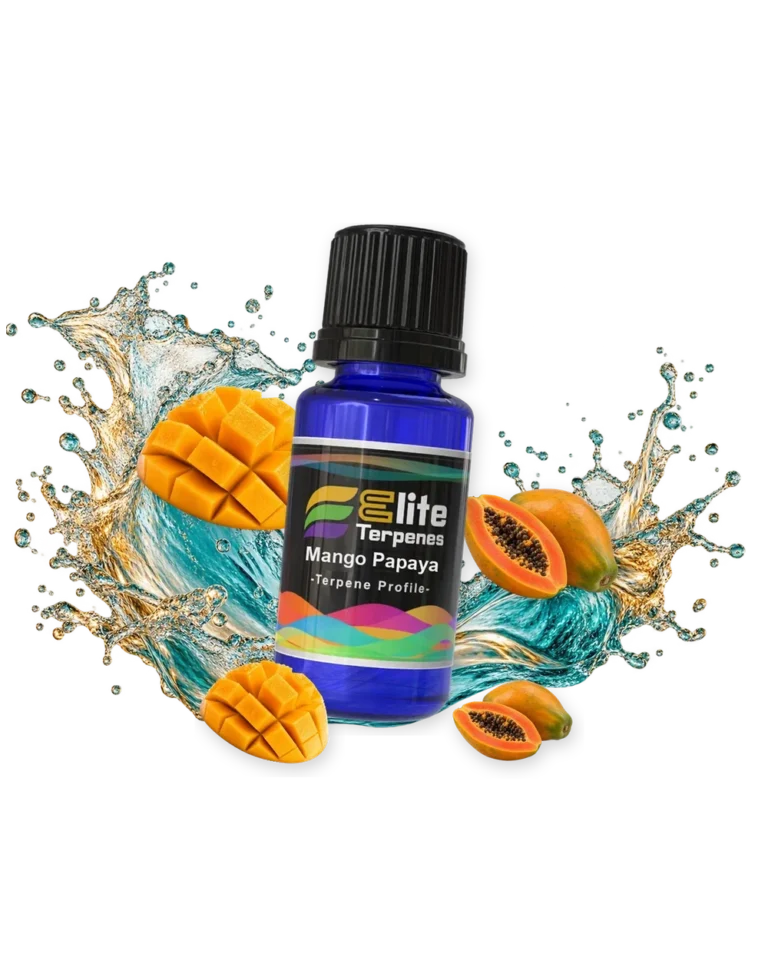 Mango Papaya Infused Terpenes blue bottle with flavour artwork